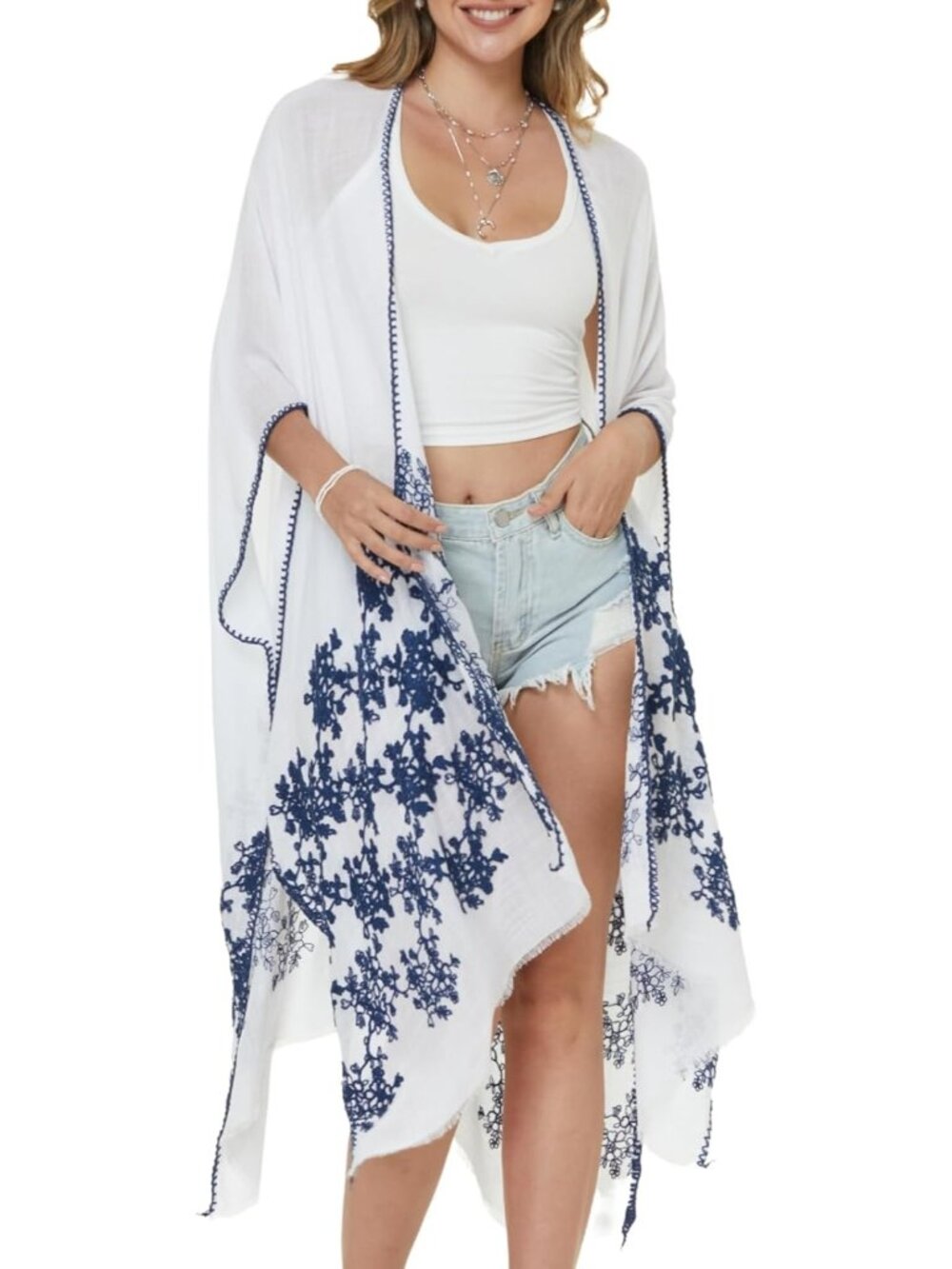 Women Rz White with Navy Embroidery Viscose Summer Lightweight Kimono Cardigan
